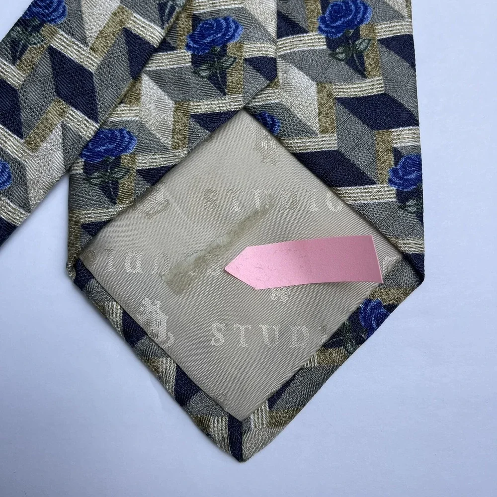 Robert Talbott‎ Nordstrom Men's Silk Necktie Designer Geometric Gold Blue Roses